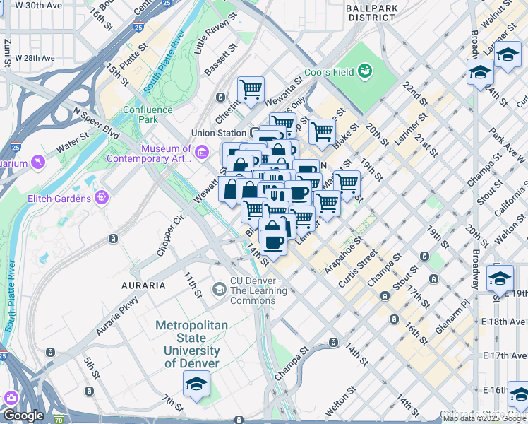 map of restaurants, bars, coffee shops, grocery stores, and more near in Denver