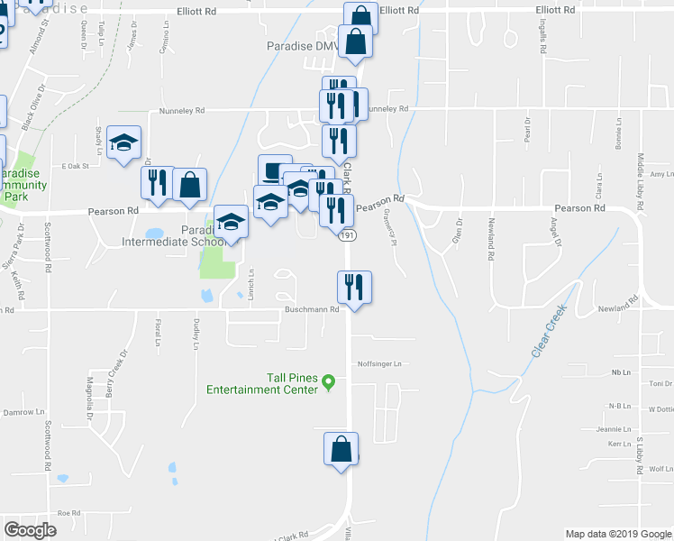 map of restaurants, bars, coffee shops, grocery stores, and more near 5645 Clark Road in Paradise