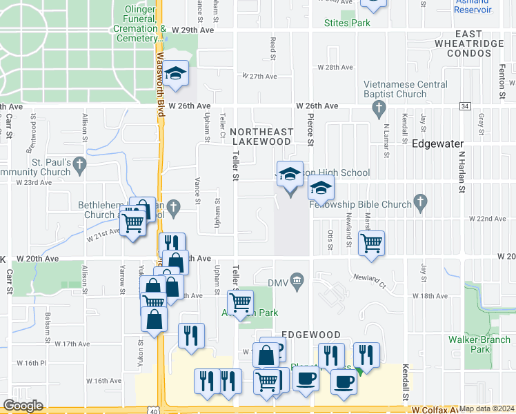 map of restaurants, bars, coffee shops, grocery stores, and more near 2217 Reed Drive in Denver