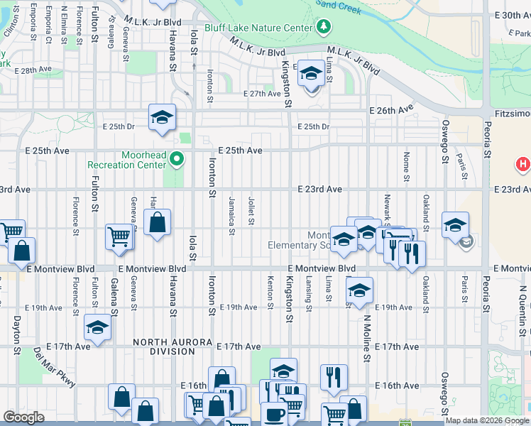 map of restaurants, bars, coffee shops, grocery stores, and more near 2233 Kenton Street in Aurora