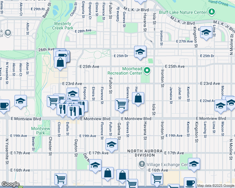 map of restaurants, bars, coffee shops, grocery stores, and more near 2227 Galena Street in Aurora