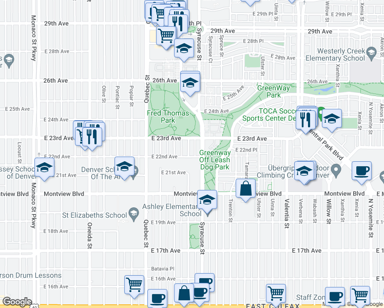 map of restaurants, bars, coffee shops, grocery stores, and more near 7605 East 22nd Avenue in Denver