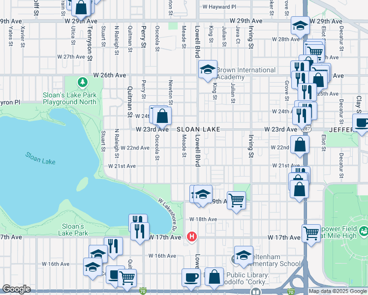 map of restaurants, bars, coffee shops, grocery stores, and more near Meade St & W 22nd Ave in Denver