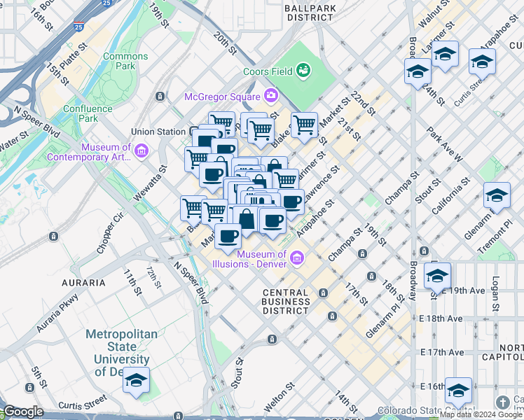map of restaurants, bars, coffee shops, grocery stores, and more near 1675 Larimer Street in Denver