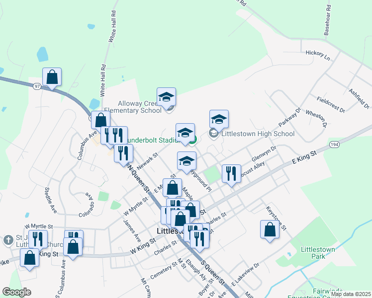 map of restaurants, bars, coffee shops, grocery stores, and more near 150 East Myrtle Street in Littlestown