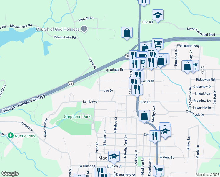 map of restaurants, bars, coffee shops, grocery stores, and more near 105 Lee Drive in Macon