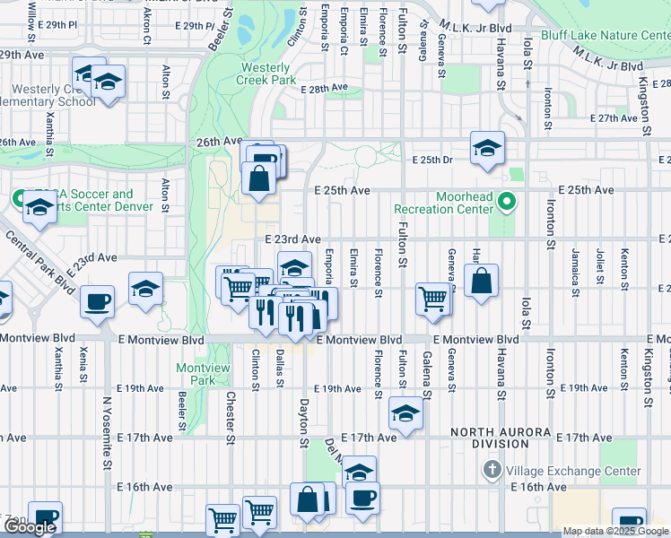 map of restaurants, bars, coffee shops, grocery stores, and more near 2232 Emporia Street in Aurora