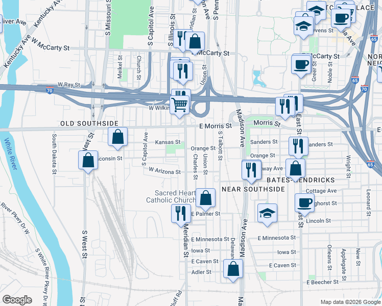 map of restaurants, bars, coffee shops, grocery stores, and more near 1312 Charles Street in Indianapolis