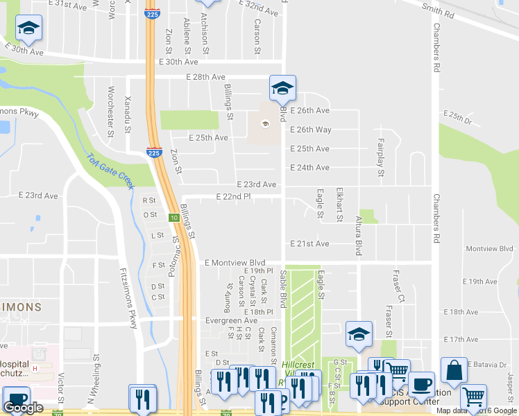 map of restaurants, bars, coffee shops, grocery stores, and more near 14322 East 22nd Place in Aurora