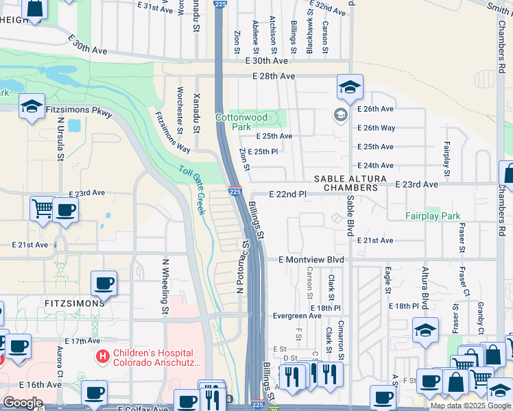 map of restaurants, bars, coffee shops, grocery stores, and more near 2250 Billings Street in Aurora