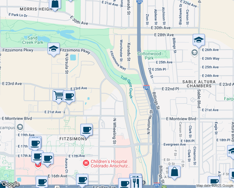 map of restaurants, bars, coffee shops, grocery stores, and more near 13525 East 23rd Avenue in Aurora