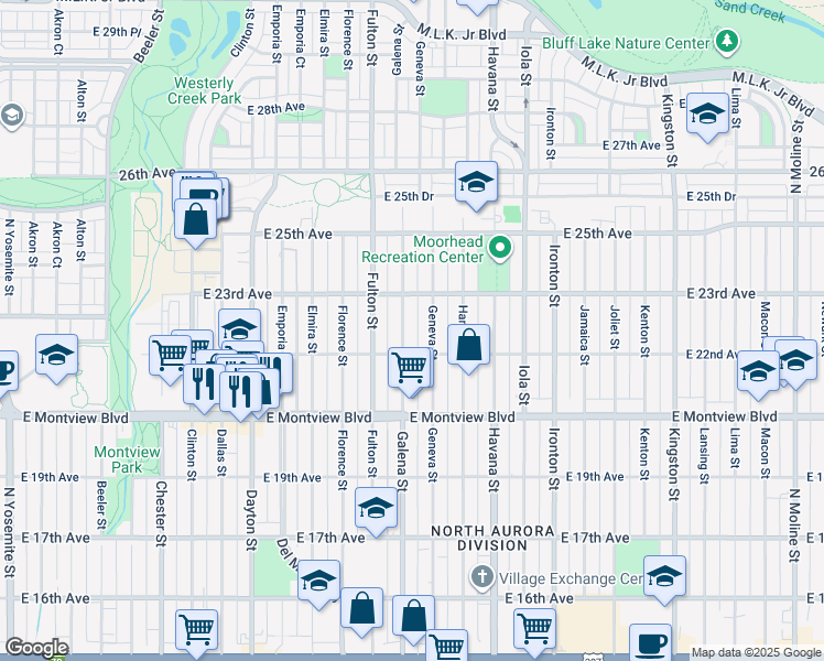 map of restaurants, bars, coffee shops, grocery stores, and more near 2227 Galena Street in Aurora