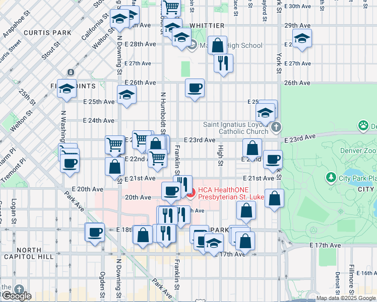 map of restaurants, bars, coffee shops, grocery stores, and more near 2224 Gilpin Street in Denver