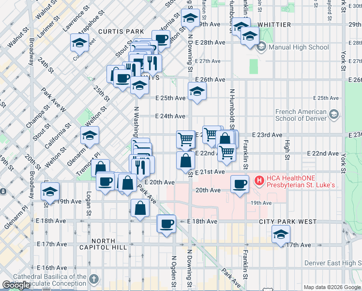 map of restaurants, bars, coffee shops, grocery stores, and more near 2225 North Ogden Street in Denver