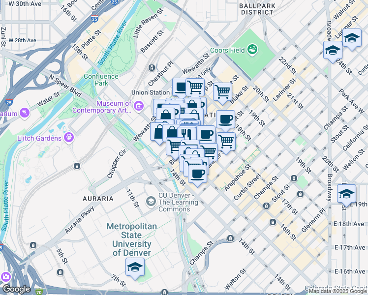 map of restaurants, bars, coffee shops, grocery stores, and more near in Denver