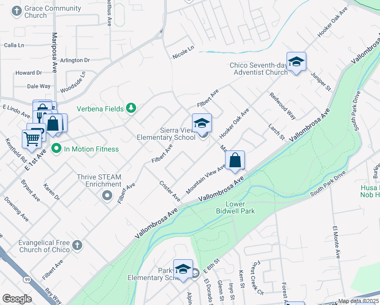 map of restaurants, bars, coffee shops, grocery stores, and more near 78 Saint Francis Drive in Chico