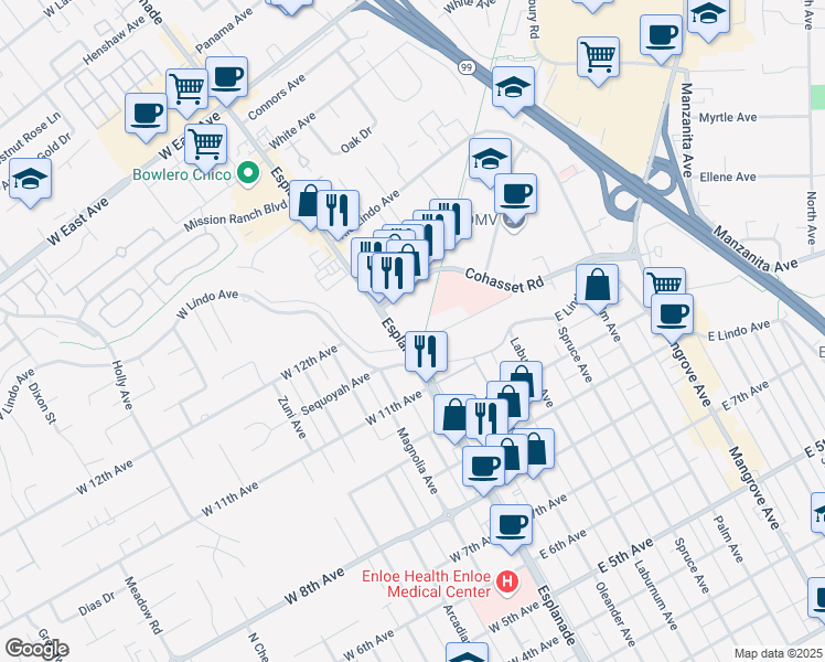 map of restaurants, bars, coffee shops, grocery stores, and more near 2158 Esplanade in Chico
