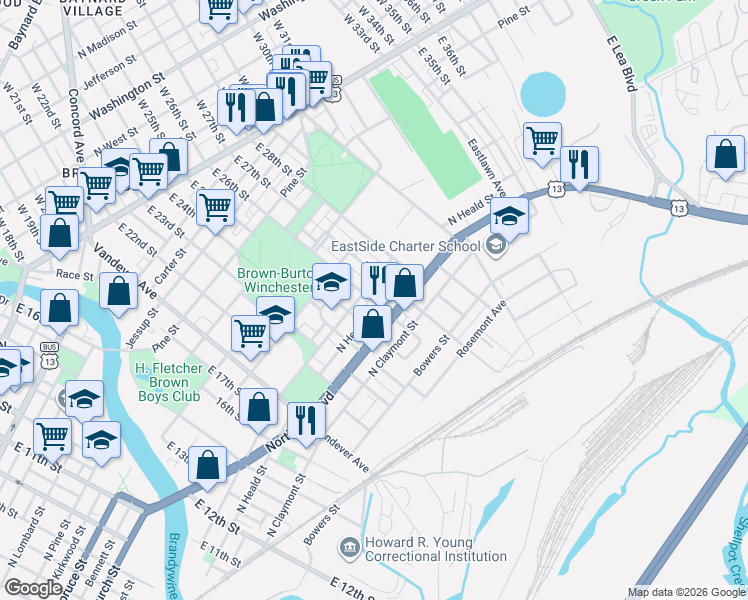 map of restaurants, bars, coffee shops, grocery stores, and more near 2614 North Heald Street in Wilmington