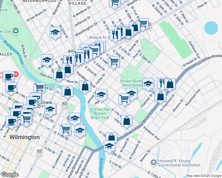 map of restaurants, bars, coffee shops, grocery stores, and more near 603 East 22nd Street in Wilmington