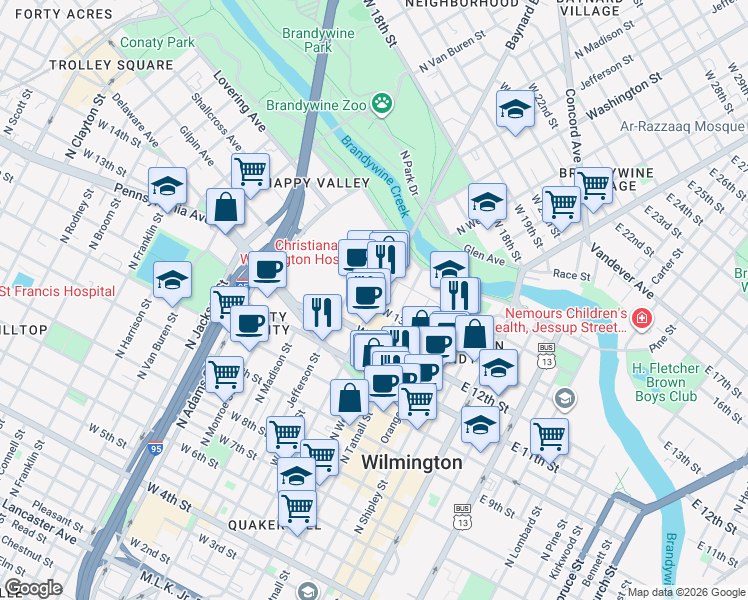 map of restaurants, bars, coffee shops, grocery stores, and more near in Wilmington
