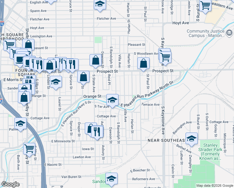 map of restaurants, bars, coffee shops, grocery stores, and more near 1914 Orange Street in Indianapolis
