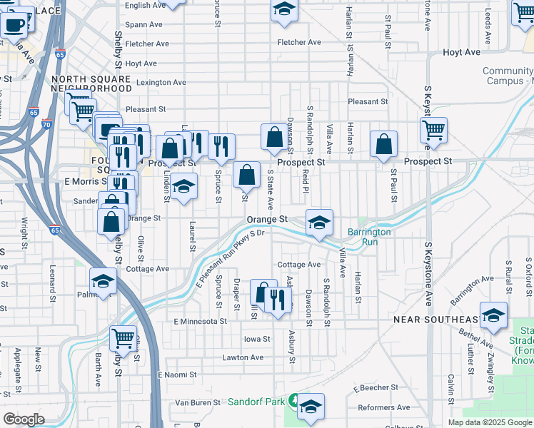 map of restaurants, bars, coffee shops, grocery stores, and more near 1622 Orange Street in Indianapolis