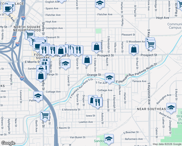 map of restaurants, bars, coffee shops, grocery stores, and more near 1622 Orange Street in Indianapolis