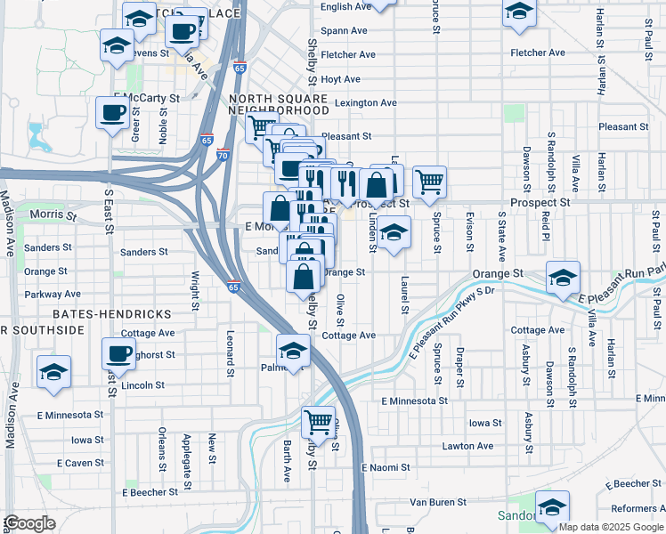 map of restaurants, bars, coffee shops, grocery stores, and more near 1120 Orange Street in Indianapolis
