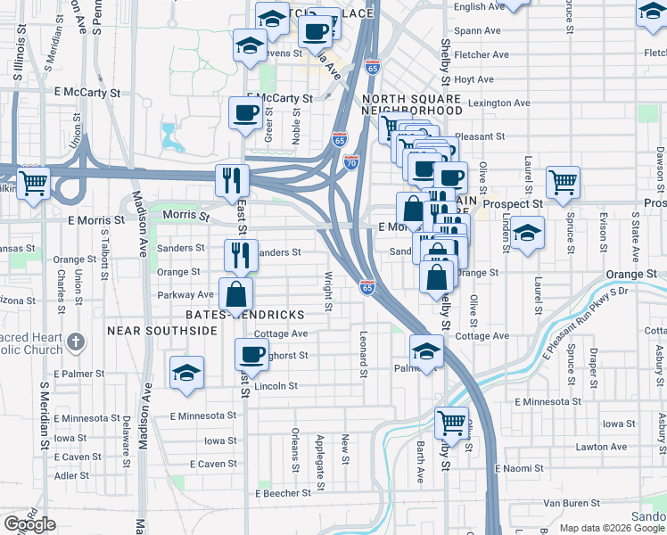 map of restaurants, bars, coffee shops, grocery stores, and more near 1249 Wright Street in Indianapolis