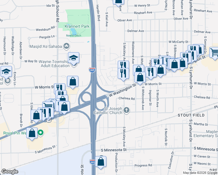 map of restaurants, bars, coffee shops, grocery stores, and more near 5861 West Morris Street in Indianapolis
