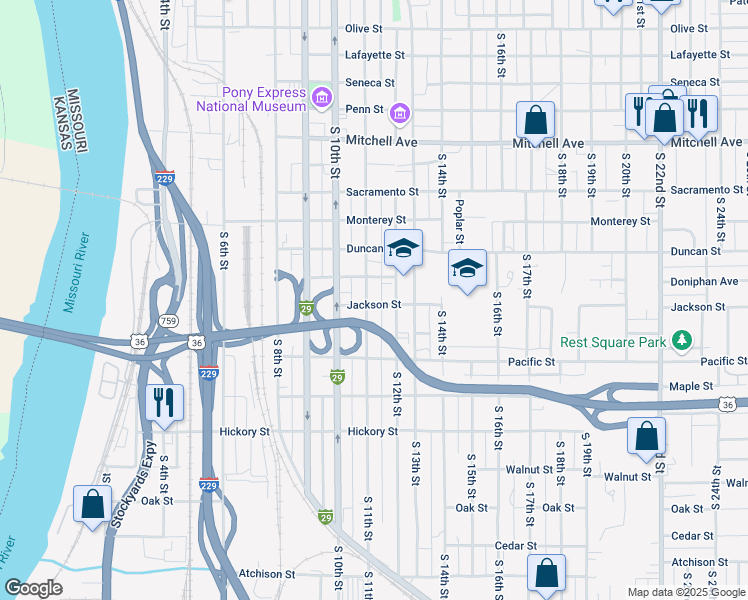 map of restaurants, bars, coffee shops, grocery stores, and more near 1819 South 11th Street in Saint Joseph