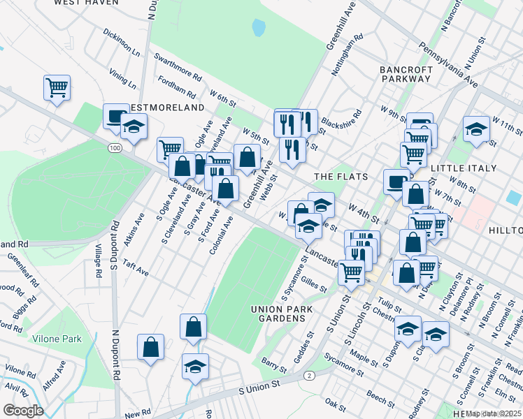 map of restaurants, bars, coffee shops, grocery stores, and more near 2510 West 2nd Street in Wilmington