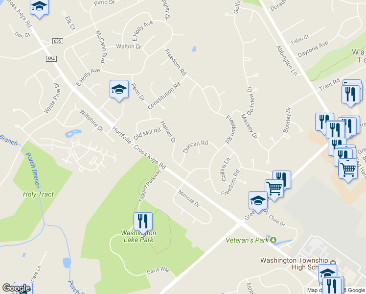 map of restaurants, bars, coffee shops, grocery stores, and more near 26 Duncan Road in Washington Township