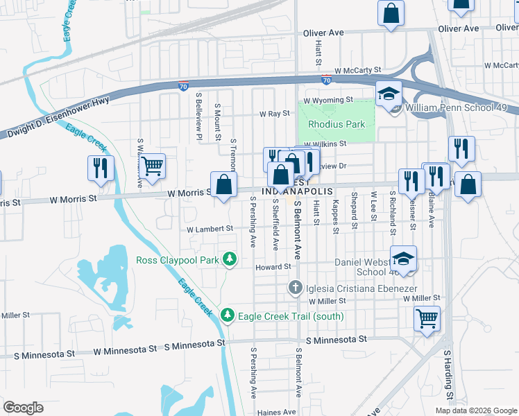 map of restaurants, bars, coffee shops, grocery stores, and more near 1223 South Pershing Avenue in Indianapolis