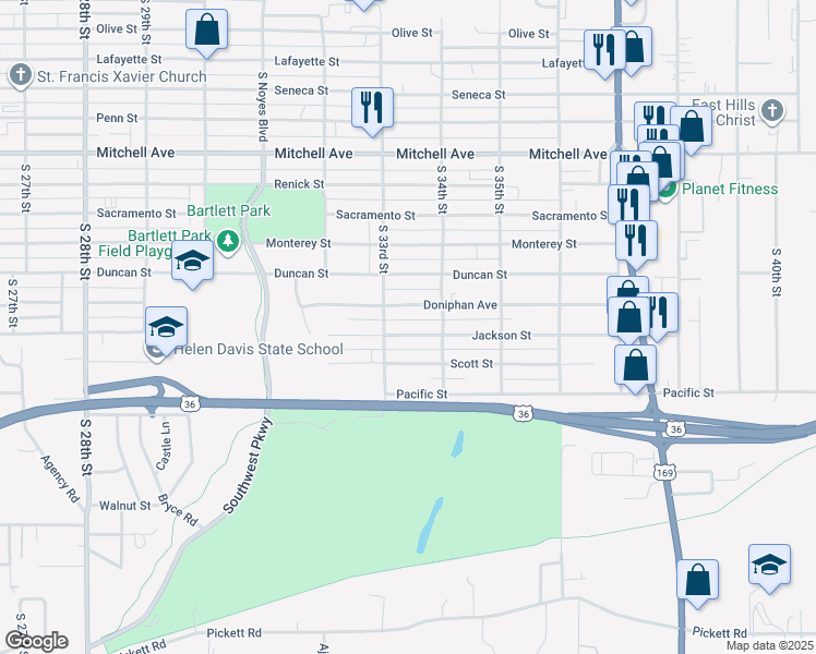 map of restaurants, bars, coffee shops, grocery stores, and more near 3313 Jackson Street in Saint Joseph