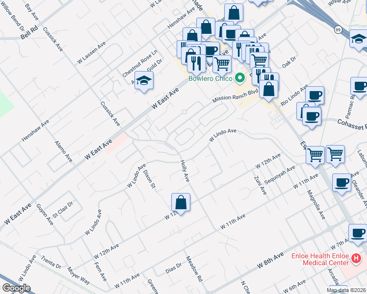 map of restaurants, bars, coffee shops, grocery stores, and more near 505 Mission Santa Fe Circle in Chico