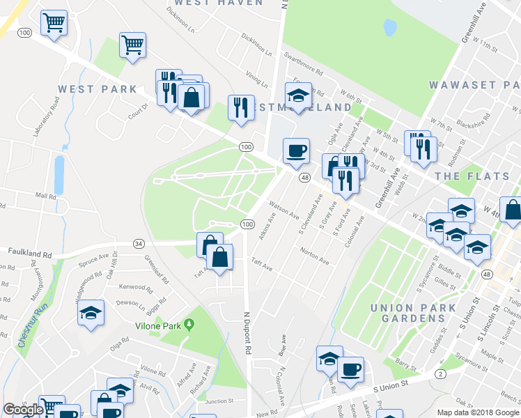map of restaurants, bars, coffee shops, grocery stores, and more near 108 South Dupont Road in Wilmington