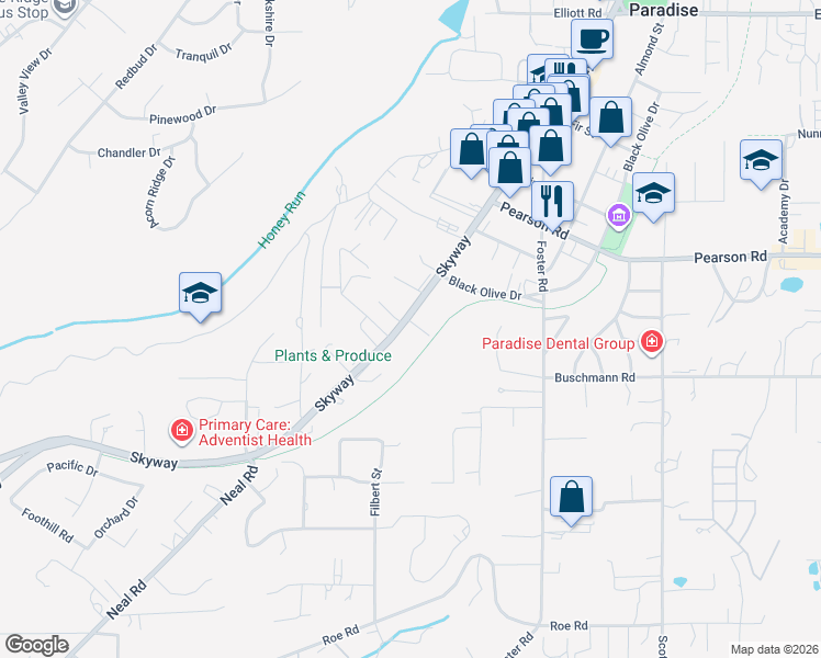map of restaurants, bars, coffee shops, grocery stores, and more near 5678 Skyway in Paradise