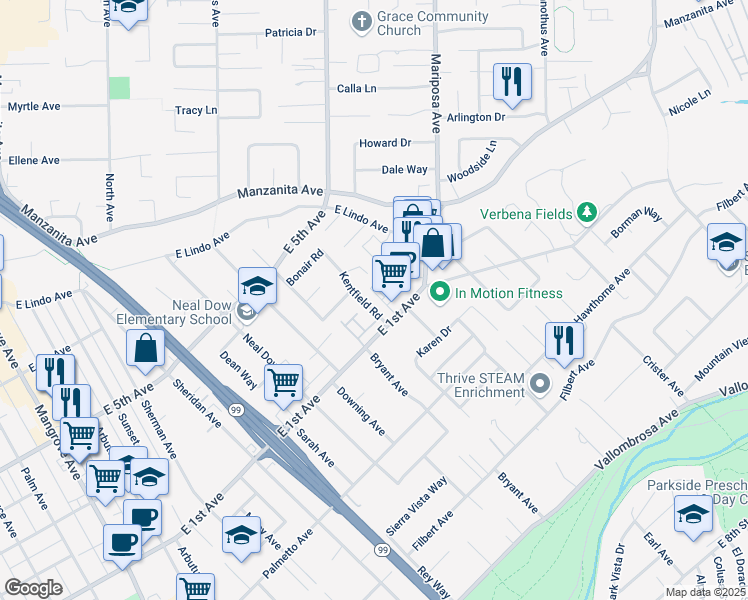 map of restaurants, bars, coffee shops, grocery stores, and more near 1160 Kentfield Road in Chico