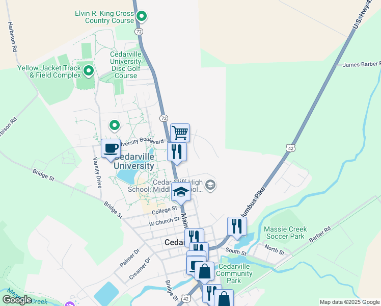 map of restaurants, bars, coffee shops, grocery stores, and more near 325 College Hill Dr in Cedarville