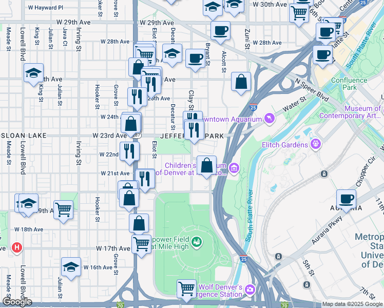 map of restaurants, bars, coffee shops, grocery stores, and more near Clay Street & West 22nd Avenue in Denver