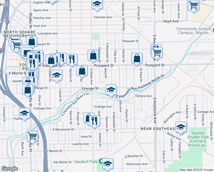 map of restaurants, bars, coffee shops, grocery stores, and more near 1824 Orange Street in Indianapolis