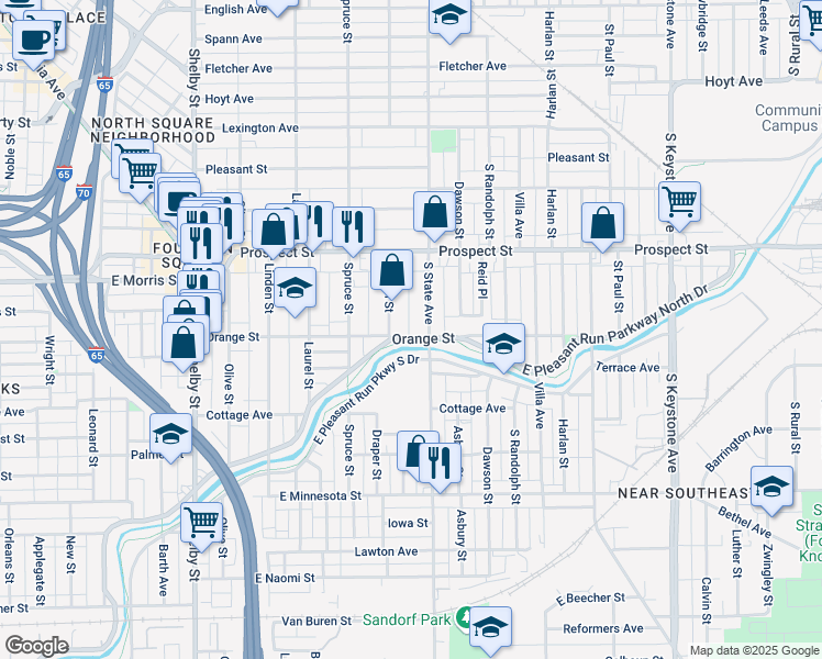 map of restaurants, bars, coffee shops, grocery stores, and more near 1622 Orange Street in Indianapolis