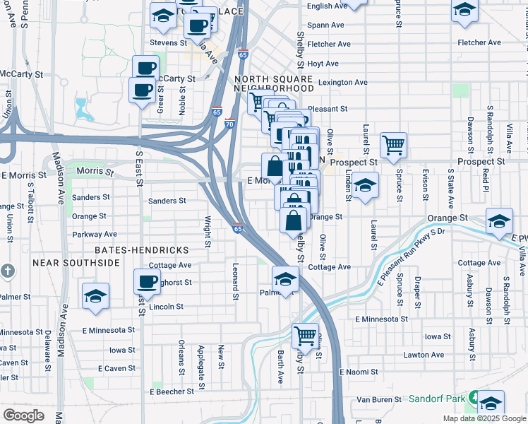 map of restaurants, bars, coffee shops, grocery stores, and more near 1248 Ringgold Avenue in Indianapolis