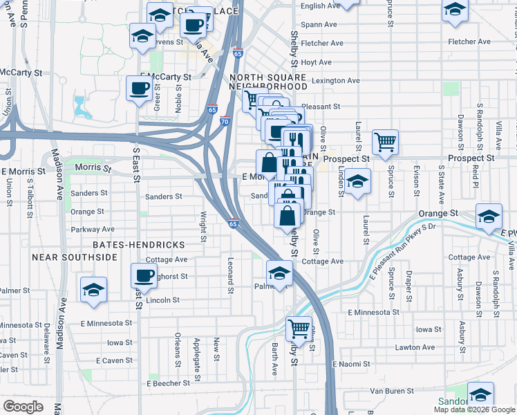 map of restaurants, bars, coffee shops, grocery stores, and more near 1248 Ringgold Avenue in Indianapolis
