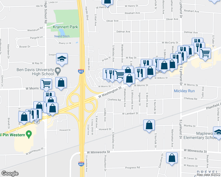 map of restaurants, bars, coffee shops, grocery stores, and more near 5810 West Washington Street in Indianapolis
