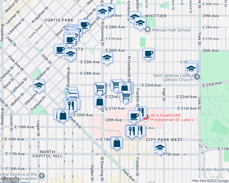 map of restaurants, bars, coffee shops, grocery stores, and more near 2222 North Marion Street in Denver