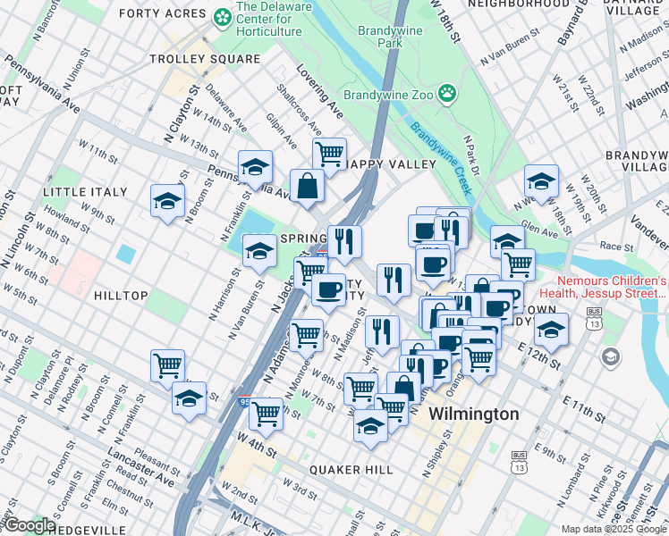 map of restaurants, bars, coffee shops, grocery stores, and more near 1104 North Adams Street in Wilmington