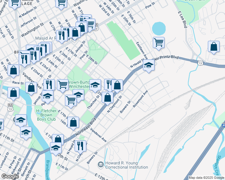 map of restaurants, bars, coffee shops, grocery stores, and more near 2614 North Heald Street in Wilmington