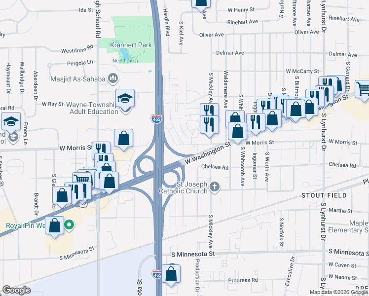 map of restaurants, bars, coffee shops, grocery stores, and more near 5861 West Morris Street in Indianapolis